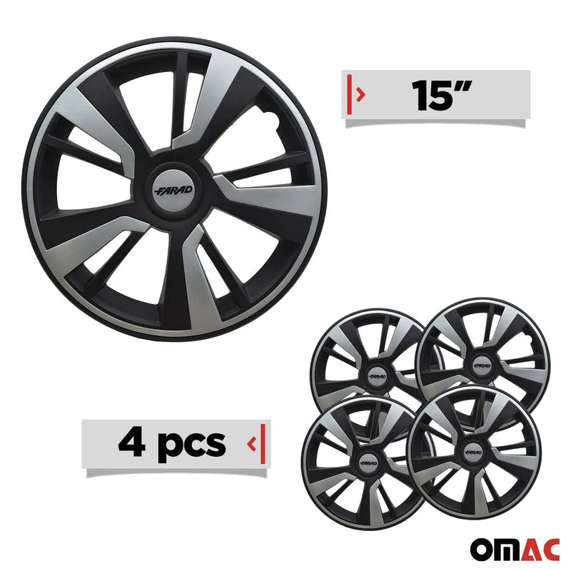 Twintone Hub Caps Wheel Cover 15" Black Matt & Light Gray Insert Full Set 4 pcs.