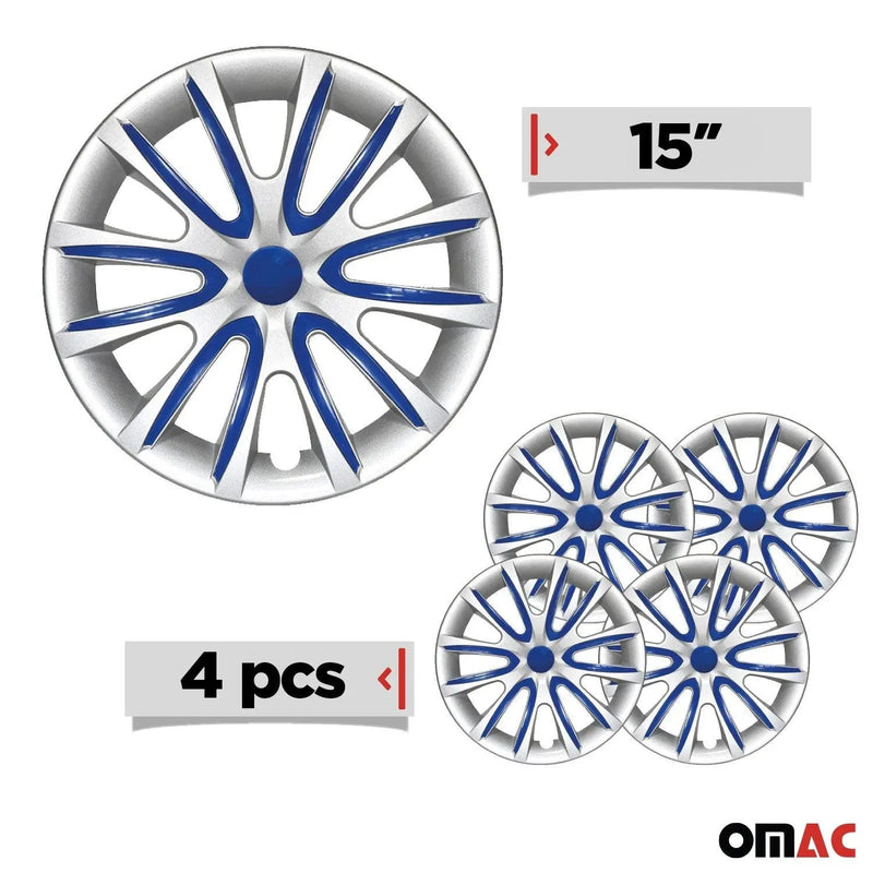 15" Inch Hubcaps Wheel Rim Cover Gray with Dark Blue Insert 4pcs Set - OMAC USA