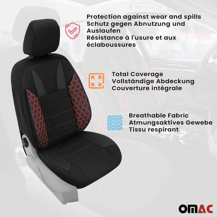 2x Front Car Seat Cover Protection Set PU Fabric Black with Red Stitches