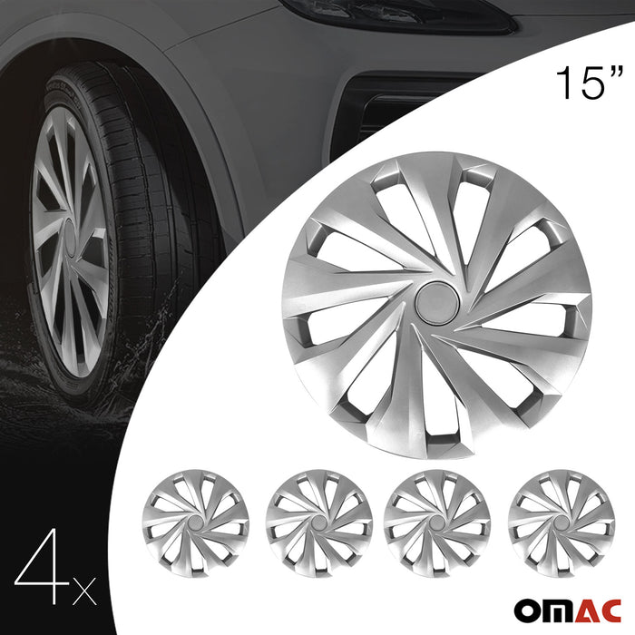 15" Wheel Covers Guard Snap on Silver Hub Caps fit R15 Tire Steel Rim 4 Pcs Set