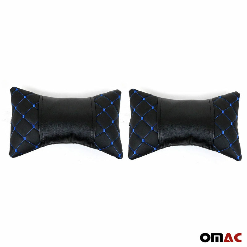 2x Car Seat Neck Pillow Head Shoulder Rest Pad Black with Blue PU Leather