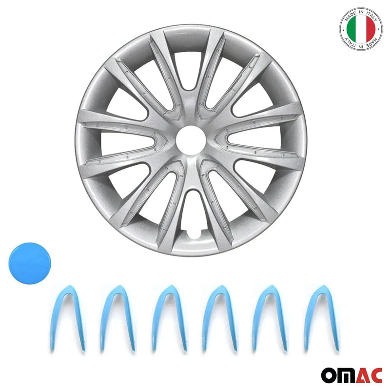 15" Inch Hubcaps Wheel Rim Cover Gray with Blue Insert 4pcs Set - OMAC USA