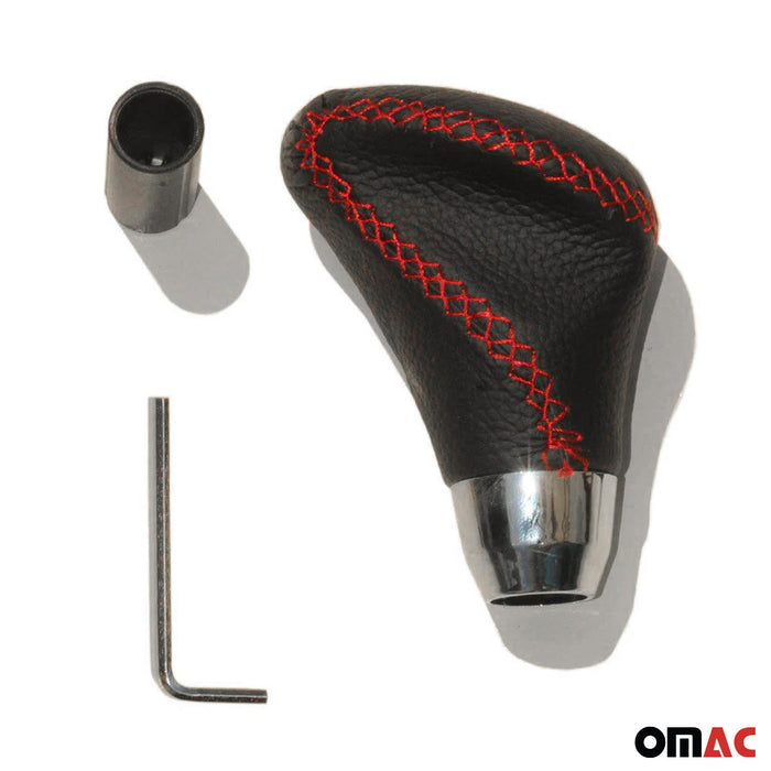Black PU Leather Red Stiching Chrome Gear Shift Handle Shifter Knob