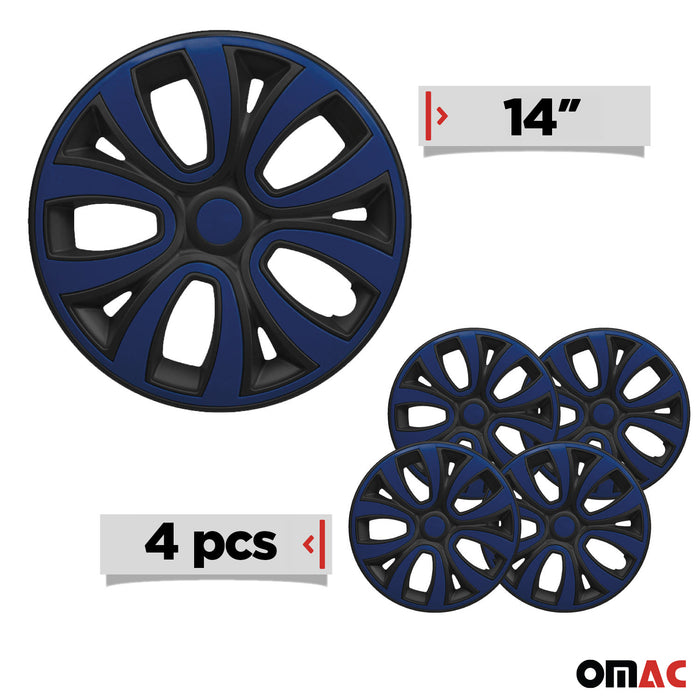 Hubcaps 14" Inch Wheel Rim Cover Matt Black with Dark Blue Insert 4pcs Set