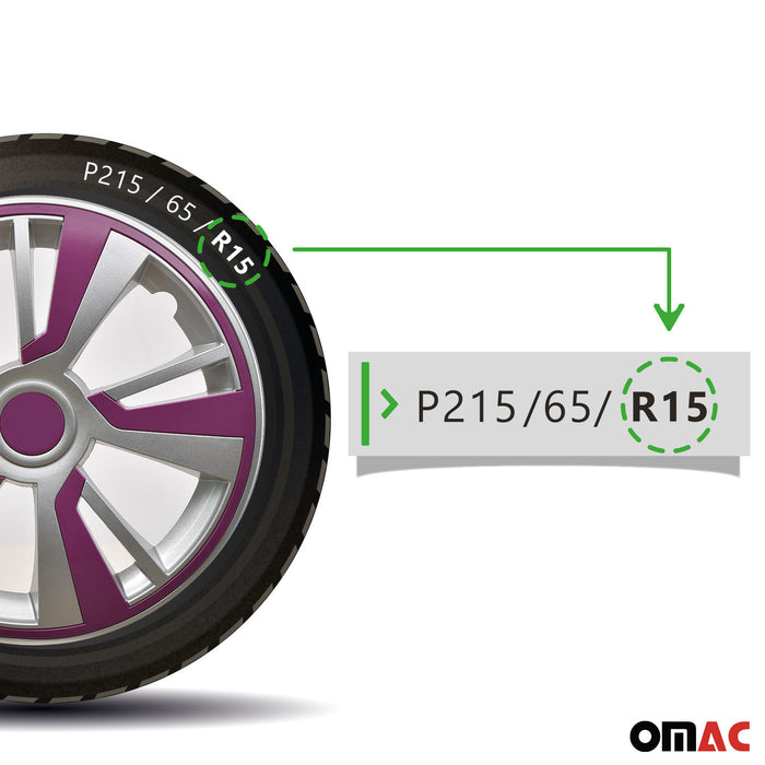 15" Hubcaps Wheel Rim Cover Grey with Violet Insert 4pcs Set