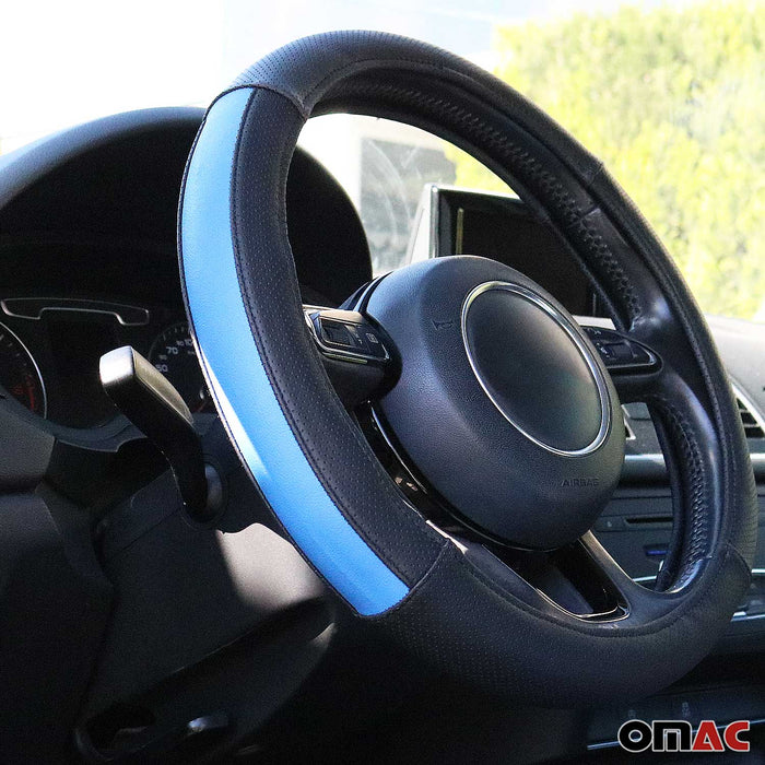 15" Steering Wheel Cover Half Moon Blue Leather Anti-slip Breathable