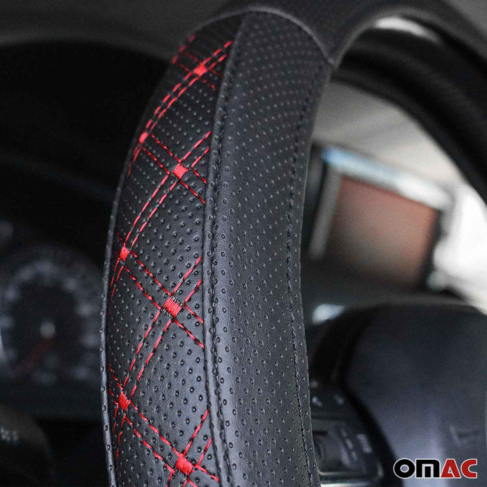 15" Steering Wheel Cover Red Stitches Leather Anti-slip Breathable Accessories