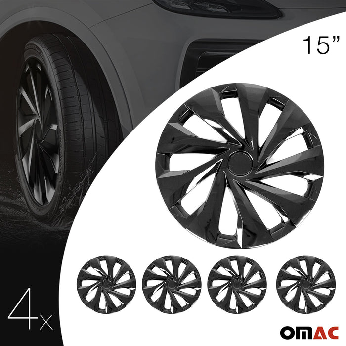 15" Wheel Covers Snap On Guard Hub Caps fit R15 Tire Steel Rim Set of 4 Pc Black