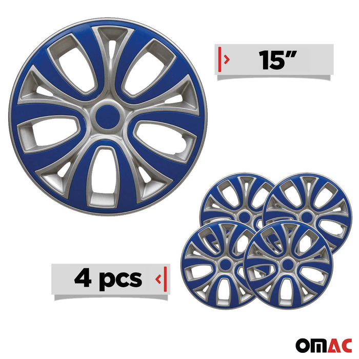 15 Inch Hubcaps Wheel Rim Cover Glossy Grey with Dark Blue Insert 4pcs Set