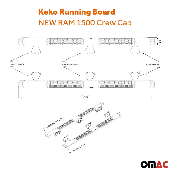 Running Boards for Ram 1500 2019-2023 Crew Cab Nerf Bars Side Step Non-Slip Alu.