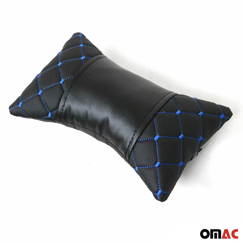 1x Car Seat Neck Pillow Head Shoulder Rest Pad PU Leather Black Blue Stitches