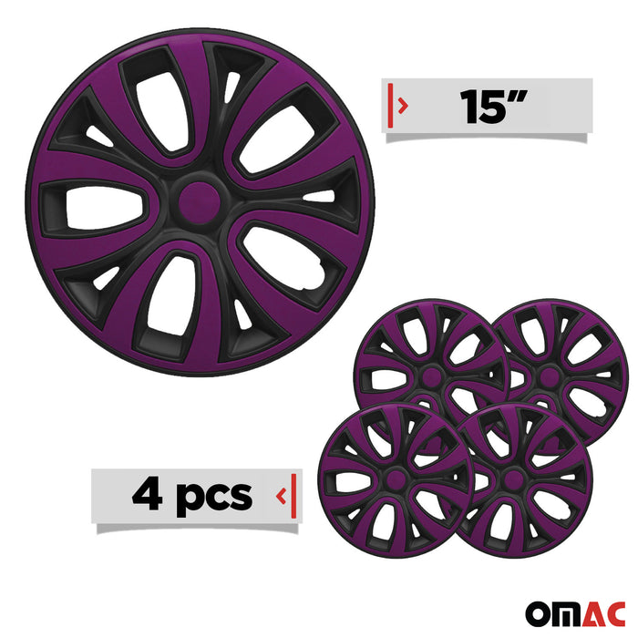 Hubcaps 15" Inch Wheel Rim Cover Matt Black with Violet Insert 4pcs Set