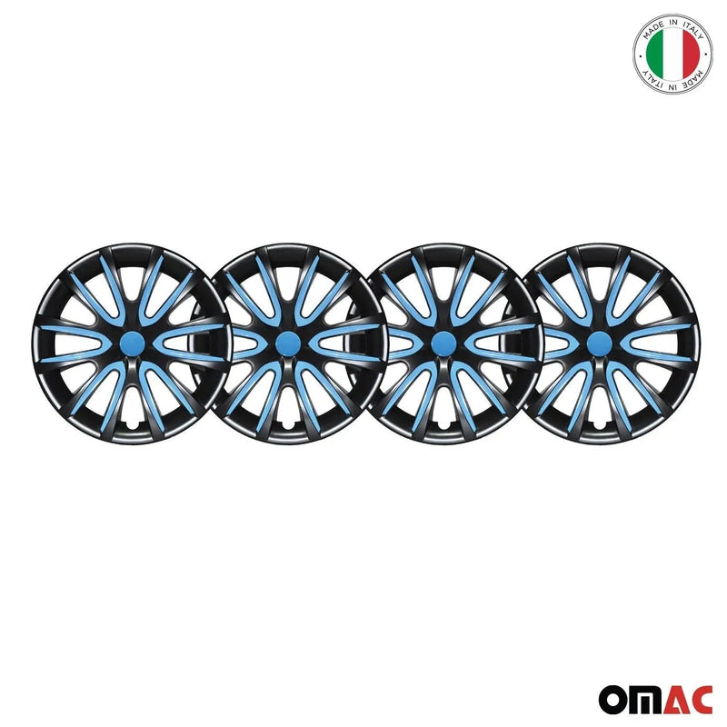 15" Inch Hubcaps Wheel Rim Cover Glossy Black with Blue Insert 4pcs Set - OMAC USA