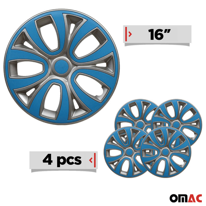 16 Inch Hubcaps Wheel Rim Cover Glossy Grey with Blue Insert 4pcs Set