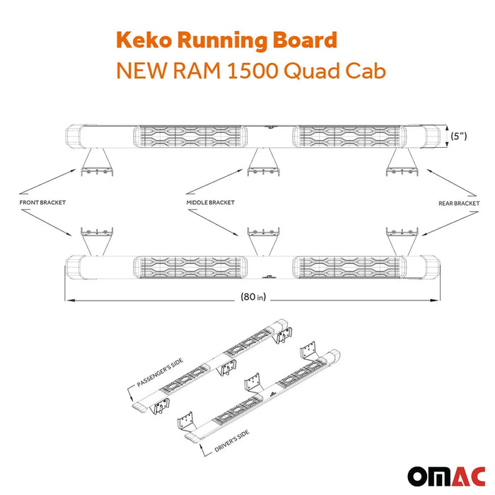 Running Boards for Ram 1500 2019-2023 Quad Cab Nerf Bars Side Step Non-Slip Alu.
