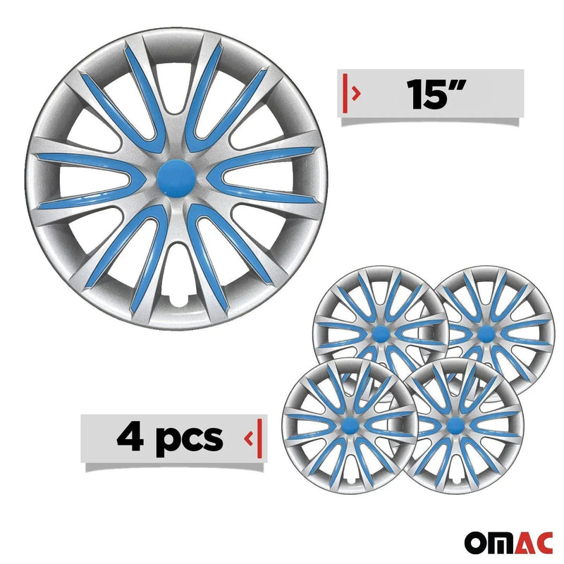 15" Inch Hubcaps Wheel Rim Cover Gray with Blue Insert 4pcs Set - OMAC USA