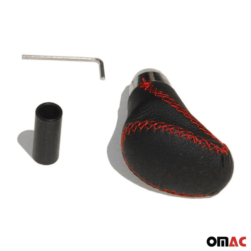 Black PU Leather Red Stiching Chrome Gear Shift Handle Shifter Knob