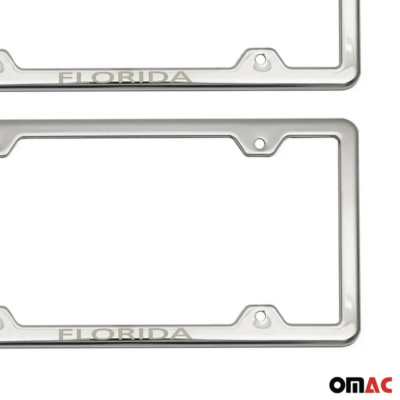 FLORIDA Print License Plate Frame Tag Holder Chrome S. Steel Set 2 Pcs.