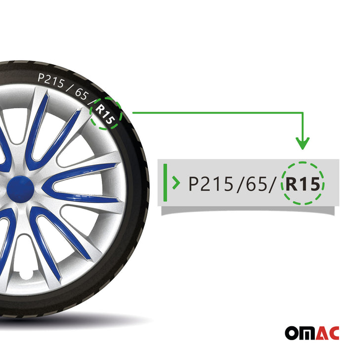 15" Inch Hubcaps Wheel Rim Cover Gray with Dark Blue Insert 4pcs Set