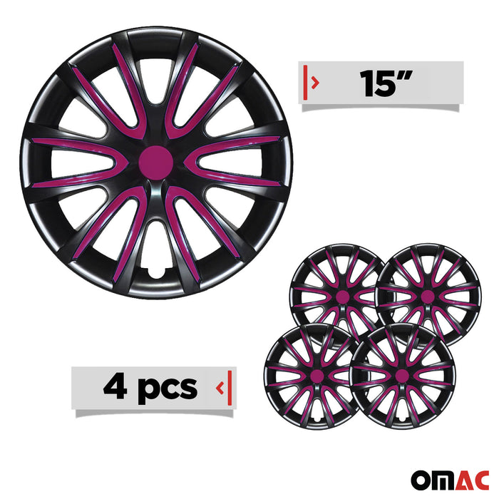 15" Inch Hubcaps Wheel Rim Cover Glossy Black with Violet Insert 4pcs Set