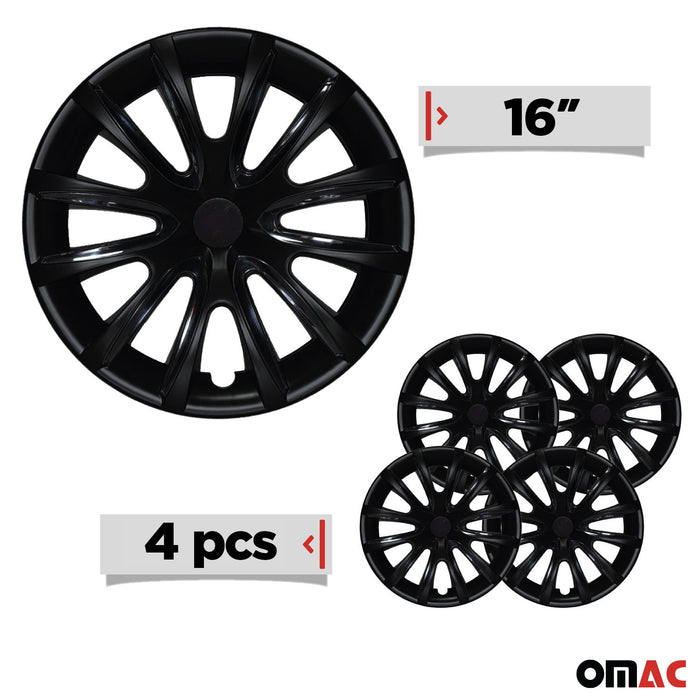 16" Set of 4 Pcs Wheel Covers Matte Black & Black Hub Caps fit R16 Steel Rim